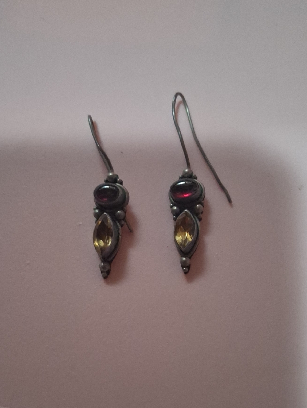Sterling Silver Garnet and Citrine Drop Earrings - Yellow and Deep Red